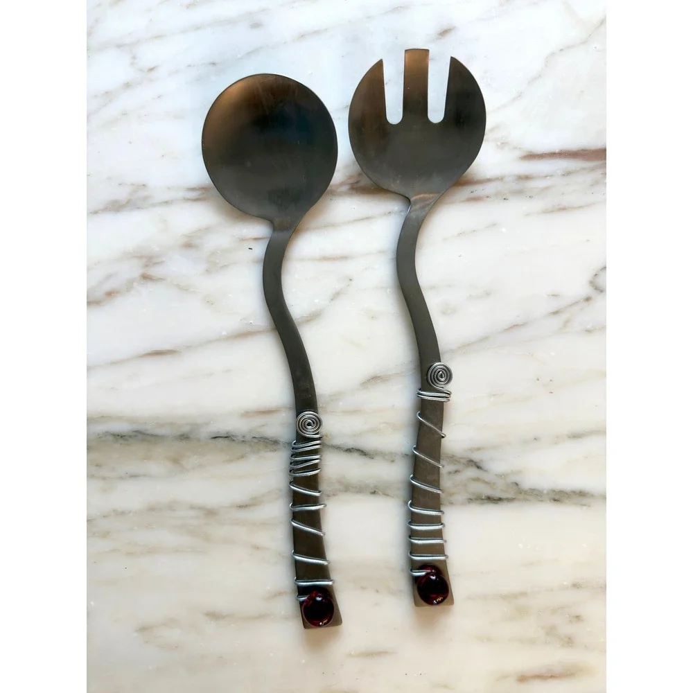 Vintage Y2K Handmade Stainless Steel Salad Serving Set Red Glass Wire Wrapped